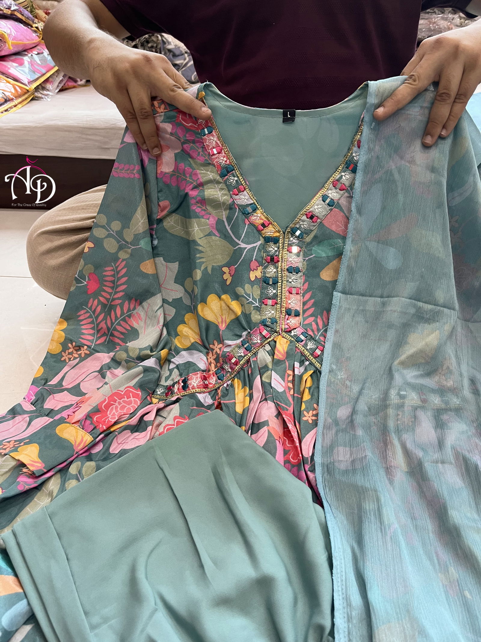 Mehera Green Floral Alia Cut Kurti With Bottom Catalog